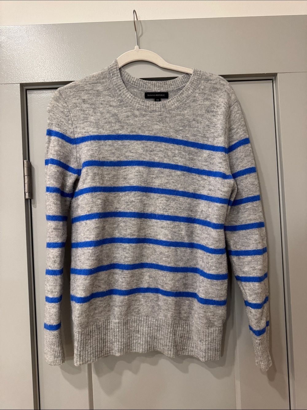 Banana Republic Gray Cashmere Crewneck Sweater with Bright Blue Stripes